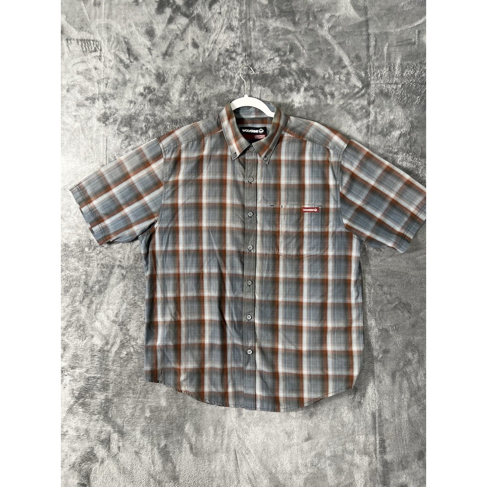 Wolverine Mens Short Sleeve Plaid Button Down Shirt Grey Orange Large